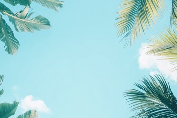 A vibrant blue sky framed by lush green palm leaves, with fluffy white clouds floating above