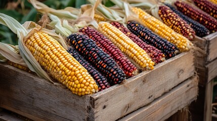 Vibrant Hues of Indian Corn in Rustic Wooden Crate