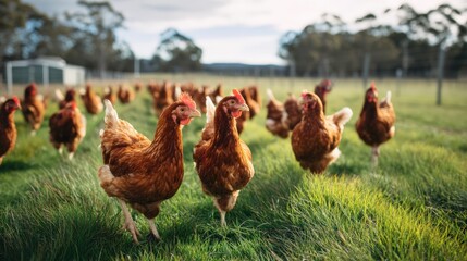 A flock of free-range chickens scatters across a green field in Australia, pecking at the grass as part of a regenerative farm system..