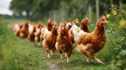 A flock of free-range chickens scatters across a green field, pecking at the grass as part of a regenerative farm system..