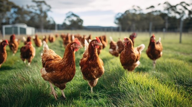 A flock of free-range chickens scatters across a green field in Australia, pecking at the grass as part of a regenerative farm system.. - Powered by Adobe