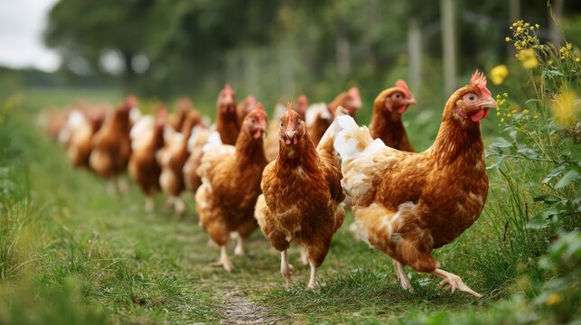 A flock of free-range chickens scatters across a green field, pecking at the grass as part of a regenerative farm system..
