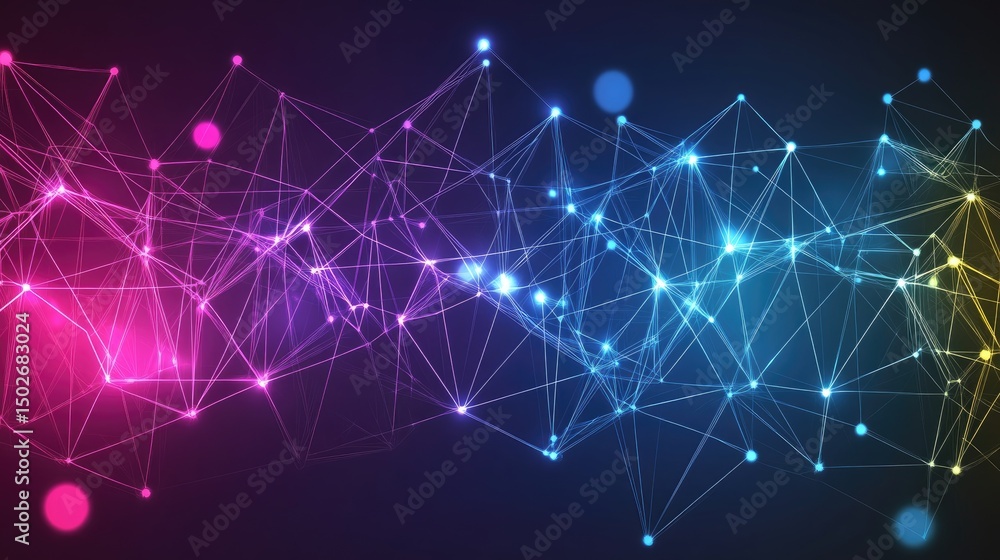Poster vibrant, interconnected network of glowing nodes and lines forming abstract shapes