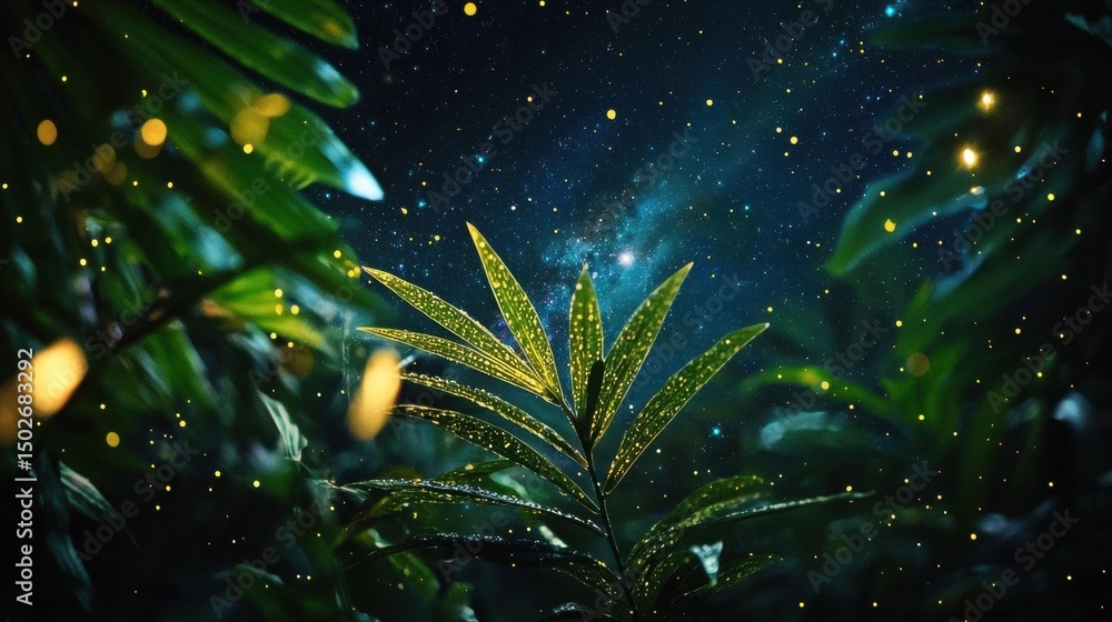 Poster close-up of a plant with green leaves. the leaves are arranged in a fan-like pattern, with each leaf