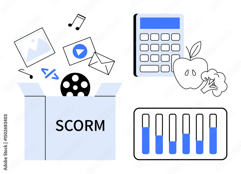 Poster scorm box with multimedia content, coding and development symbols, calculator, apple, broccoli, and 