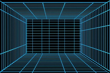 Neon grid box in dark space