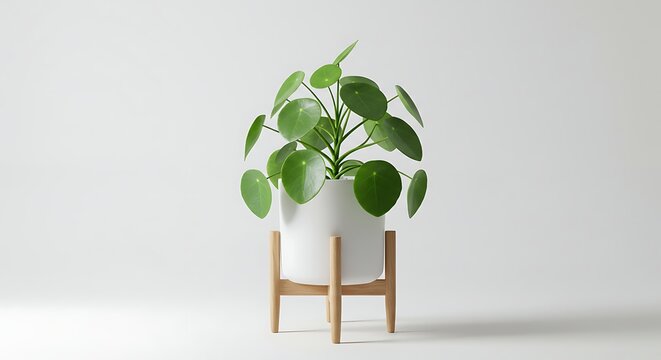 Pilea peperomioides in white pot on wooden plant stand 