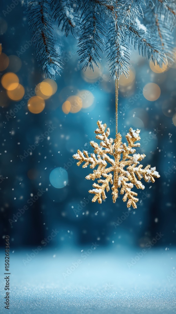 Poster close-up of a delicate snowflake ornament hanging from a snow-covered tree branch in daylight.
