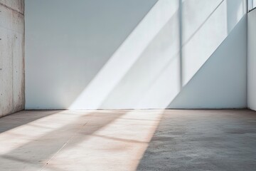 Sunlight streams into an empty room, casting shadows on a light-colored concrete floor and wall