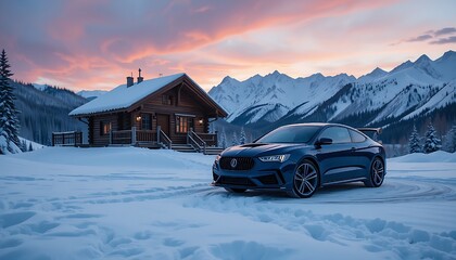 At sunset, a dark blue car is parked close to a cozy wooden cabin in the snowy mountains.  By Tuty