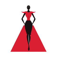 Minimalist fashion illustration depicting a stylish woman in red and black modern attire
