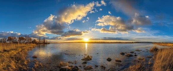 A serene lake with a setting sun reflected in the water, surrounded by tall grass and a few scattered rocks