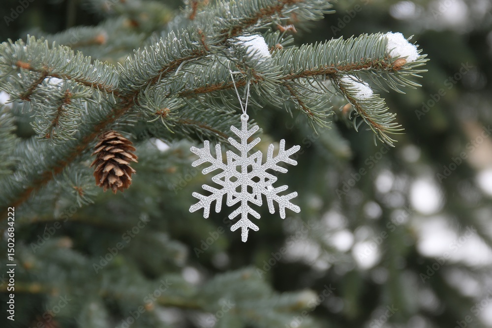 Poster close-up of a single snowflake ornament hanging from a bare tree branch in soft daylight.