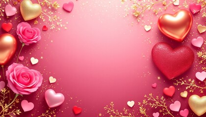 A vibrant and romantic Valentine's Day composition with hearts and roses arranged against a gradient pink background. The image evokes feelings of love and affection.