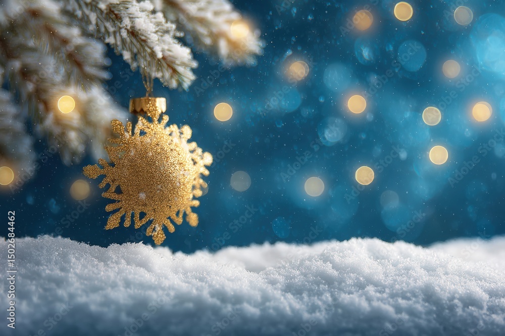 Poster close-up of a delicate snowflake ornament hanging from a bare tree branch in a snowy winter landscap