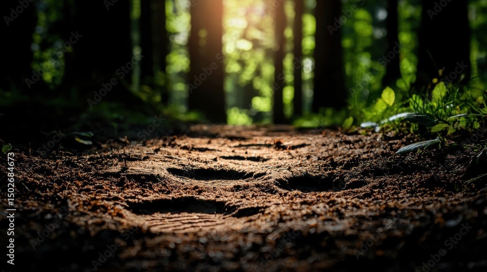 Poster close-up of a dirt path in a forest. the path is surrounded by tall trees with green foliage. the su