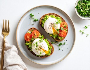 Delicious avocado toast with poached eggs and microgreens