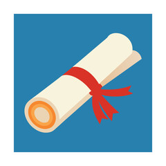 Rolled up diploma scroll with red ribbon graduation certificate isolated on blue background