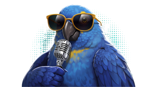 Blue Parrot Singing with Microphone