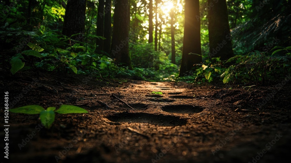 Poster dirt path in a forest with the sun shining through the trees. the path is surrounded by lush greener