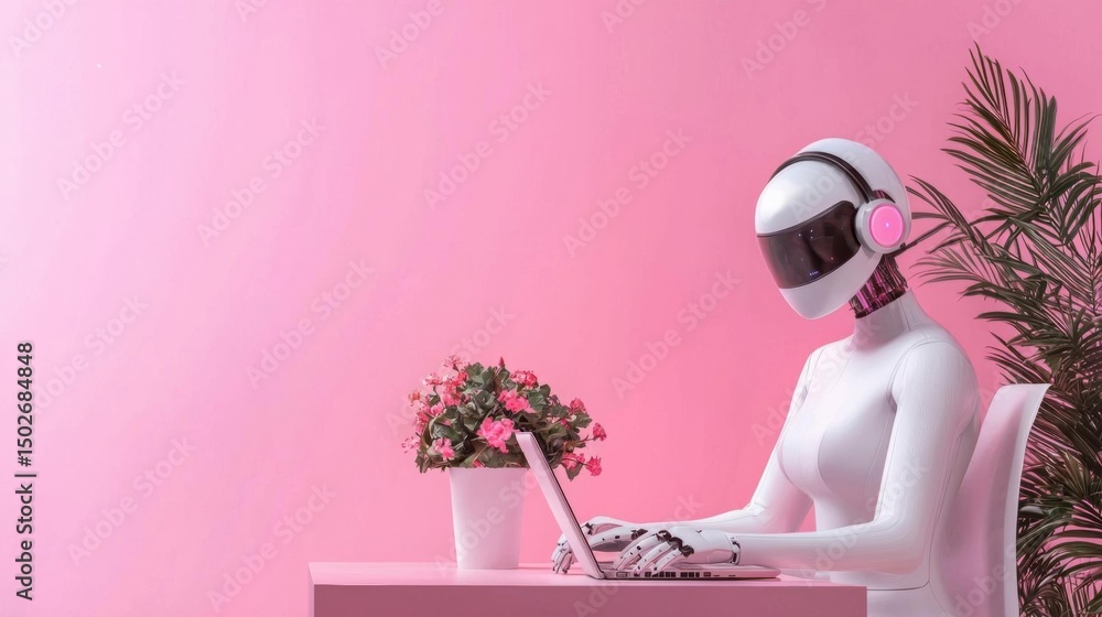 Poster white robot sitting at a desk with a laptop in front of it. the robot is wearing a white helmet with