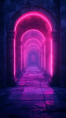 Obraz premium Surreal passage illuminated by radiant pink neon light arches in concrete tunnel