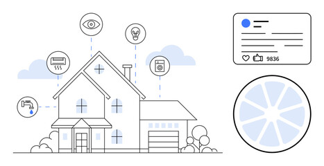 Modern house connected to smart devices for security, lighting, appliances, energy, water management. Ideal for technology, home automation, IoT education, eco-solutions safety social interaction