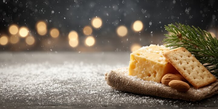 Bag of crackers and almonds on wooden table in natural daylight, minimal snack food still life. - Powered by Adobe