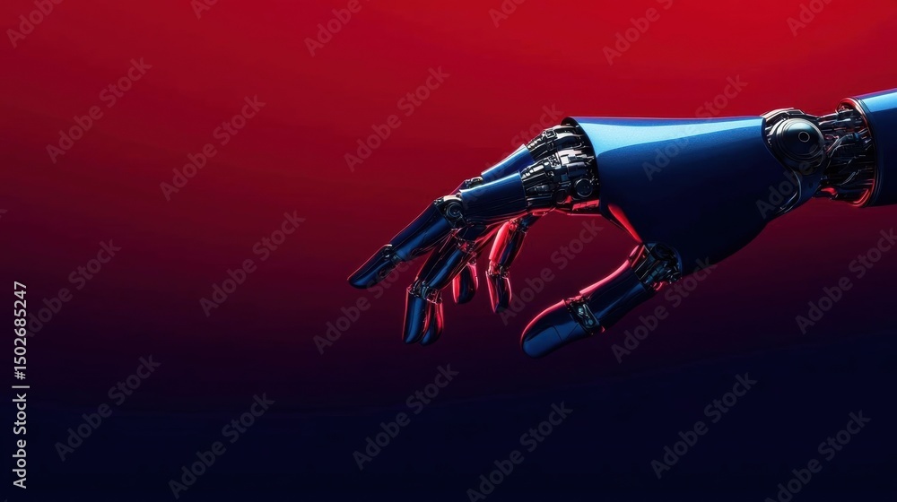 Poster close-up of a robotic hand with a blue and red color scheme. the hand appears to be in motion, with 