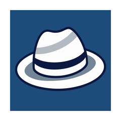 Stylish illustration of a white fedora hat with dark and light grey accents on a blue background