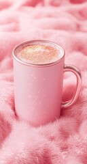 Pink mug of warm drink on a pink fur blanket