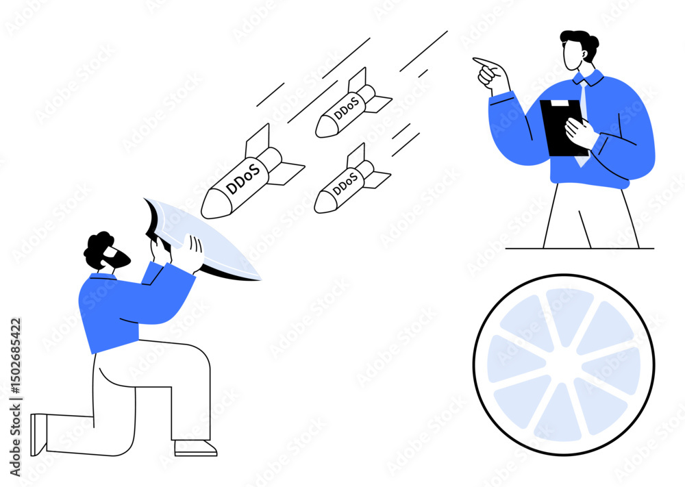 Poster man using shield to block ddos missiles as a partner oversees with documentation. ideal for cybersec
