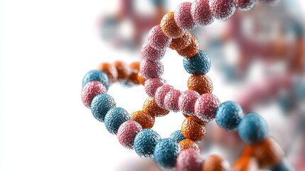 Close-up of a molecular model of a dna strand. the strand is made up of small, round beads in various colors - red, orange, and blue.