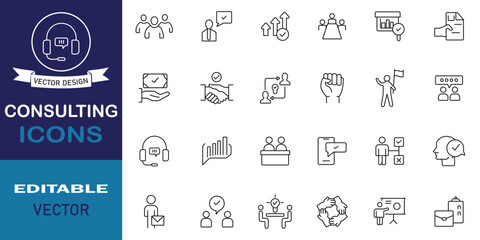 Consulting icon set. Collection of logistics, human resources, talent management, leadership development and organizational culture outline icon. Editable stroke, vector illustration.