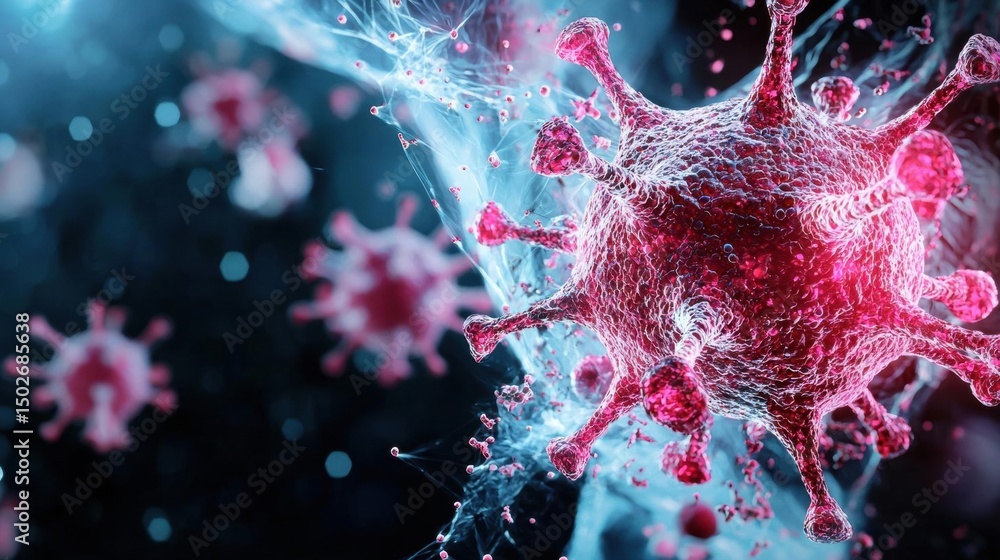 Poster 3d rendering of a virus, which appears to be a type of coronavirus. the virus is in the center of th
