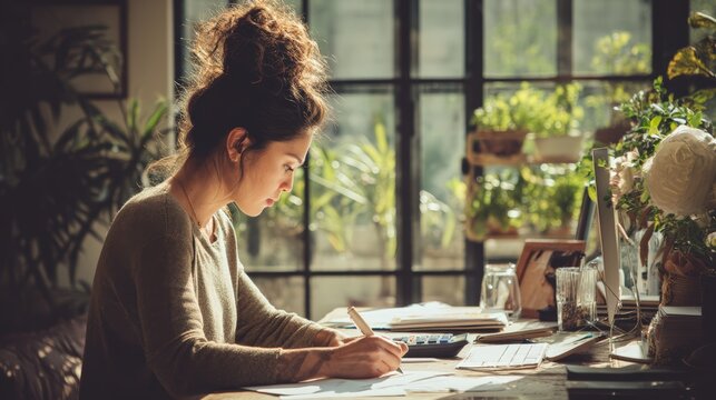 A serene home office setup with a woman working on taxes or budget reports using a calculator and digital tools..