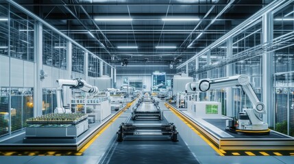 Fototapeta premium Factory Production Line with Automated Assembly and Robotic Manufacturing Machines