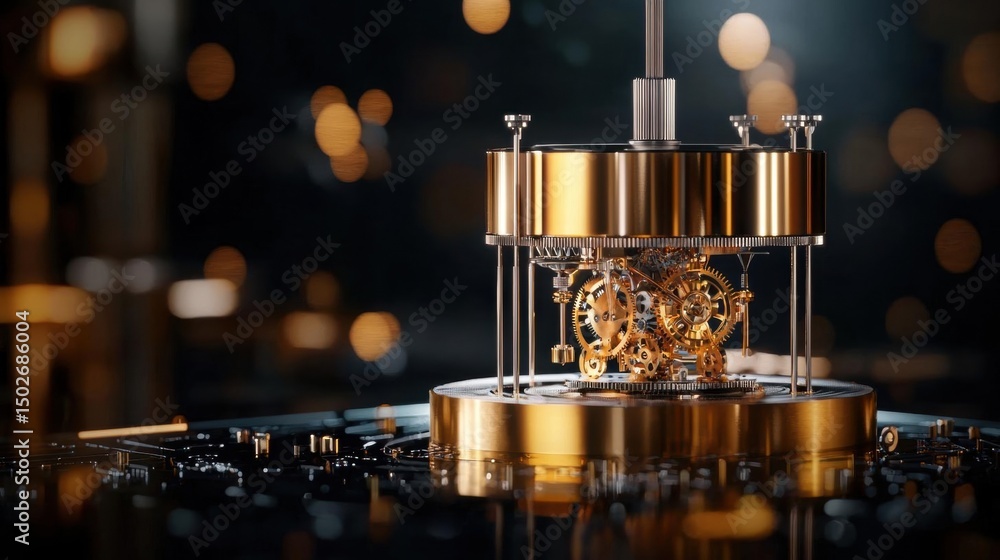 Poster close-up of a mechanical clock mechanism. the mechanism is made of gold-colored metal and has a cyli