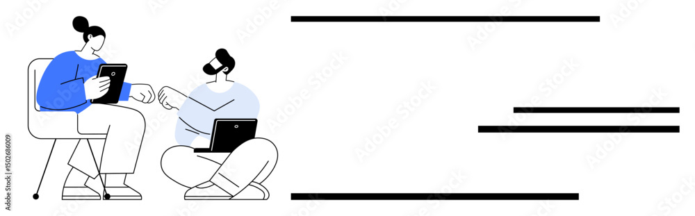 Aufkleber two individuals interact using a tablet and laptop, fostering teamwork and knowledge sharing. ideal 