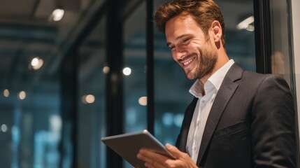 Fototapeta premium A smiling executive leader multitasking in his office, managing projects and emails on a sleek tablet device..