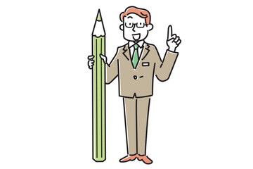 大きな鉛筆を持って指差しをしている学校の先生のイラスト