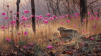 A soft dusk glow surrounds a brown hare resting in stillness among tall pink flowers and dry grass in the underbrush..