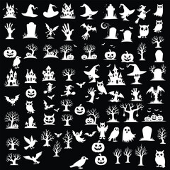 Naklejka premium Collection of Halloween silhouettes. Haunted house, creepy tree, flying witch, pumpkins, halloween ghost, owl and vector design