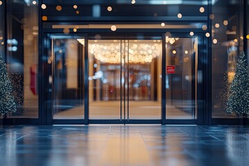 A pair of automatic glass doors leading to a brightly lit lobby with a festive Christmas decor