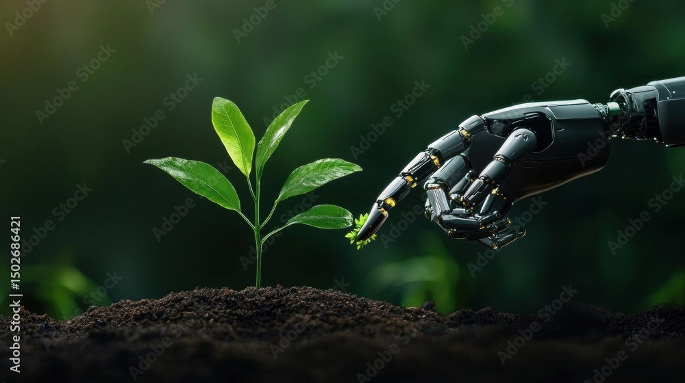 Poster robotic hand reaching out to touch a small plant that is growing out of the soil. the hand is black 