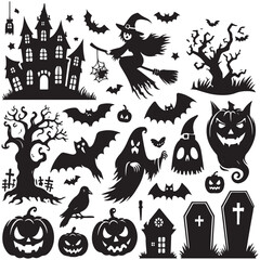 Collection of Halloween silhouettes. Haunted house, creepy tree, flying witch, pumpkins, halloween ghost,illustration vector design