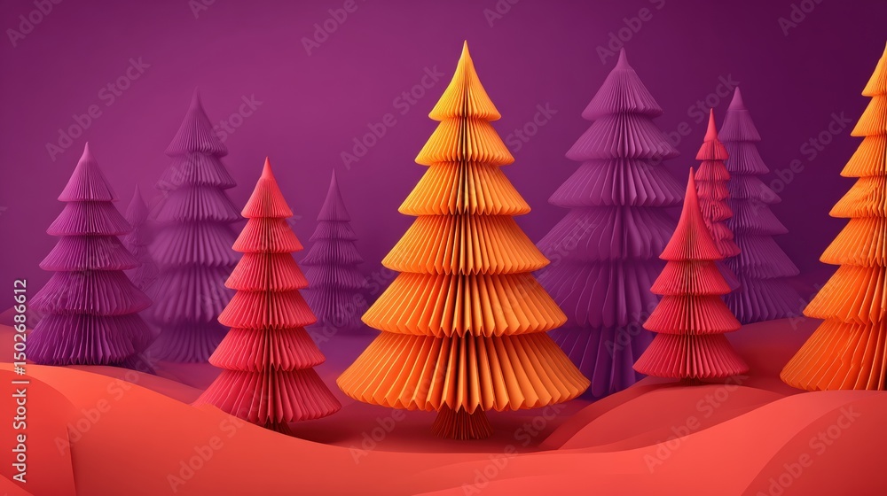 Poster multiple folded paper trees arranged in a row against a solid purple background, minimalistic design