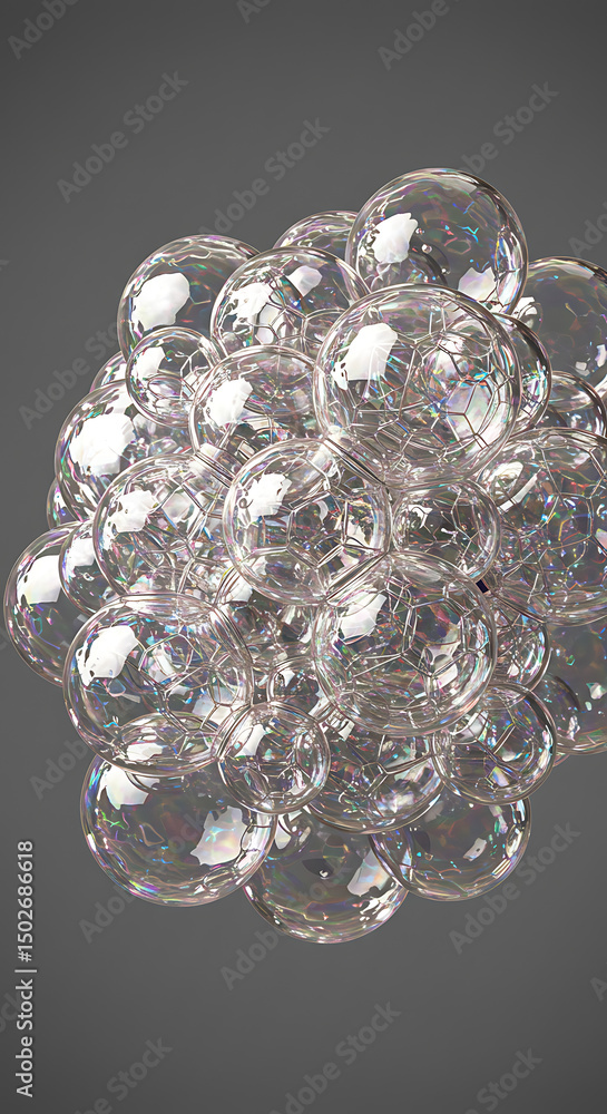 Poster iridescent soap bubbles cluster close up abstract shiny floating 3d render design element