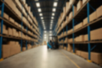 Fototapeta premium blurry factory warehouse, piles of plain cardboard on the factory warehouse shelves, there is a forklift near the cardboard showing a blurry warehouse room, wallpaper,