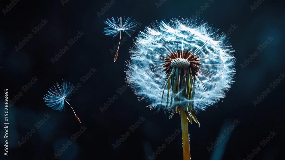 Aufkleber close-up of a dandelion flower with its seeds blowing in the wind. the flower is in the center of th